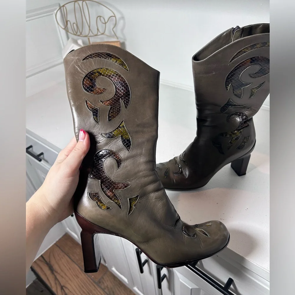 Vintage Graye Leather Western Boots 6.5/7 Y2K Heeled Cowboy Boots Cutout Detail - Picture 7 of 8
